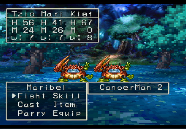 Dragon Quest VII combat gameplay screenshot Maribel vs Cancerman