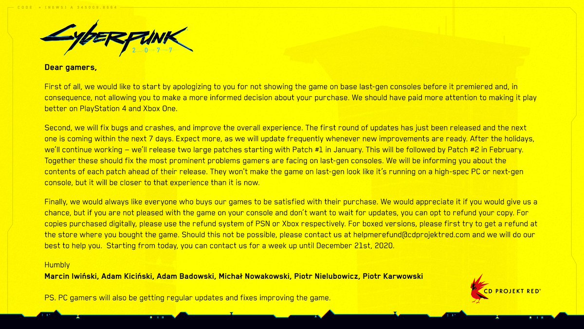 Cyberpunk 2077 Statement