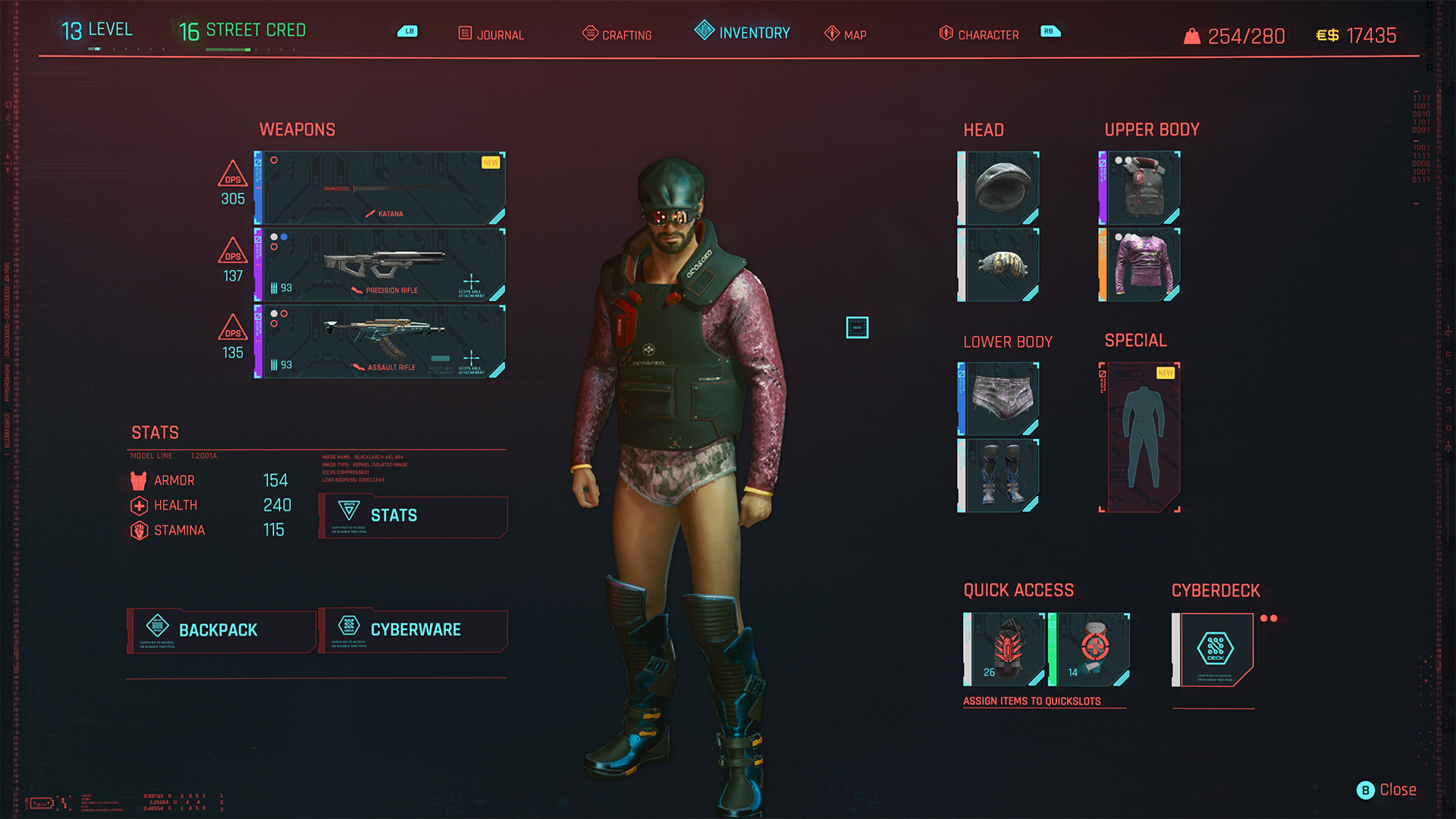 cyberpunk 2077 character loudout screenshot