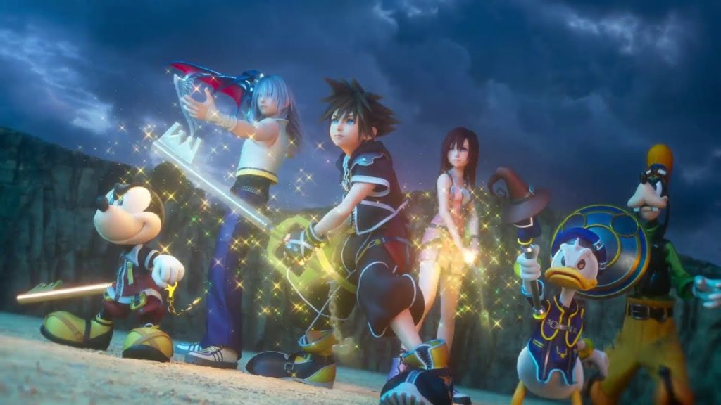 Shows the main cast of Kingdom Hearts 3 preparing for battle