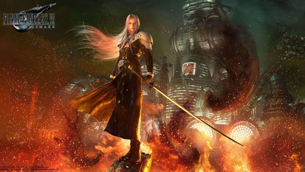 Sephiroth with Midgar in the background from Final Fantasy VII Remake RPG Villain