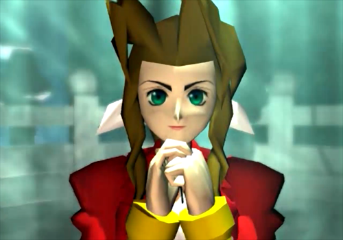 Aerith praying to Holy in Final Fantasy VII